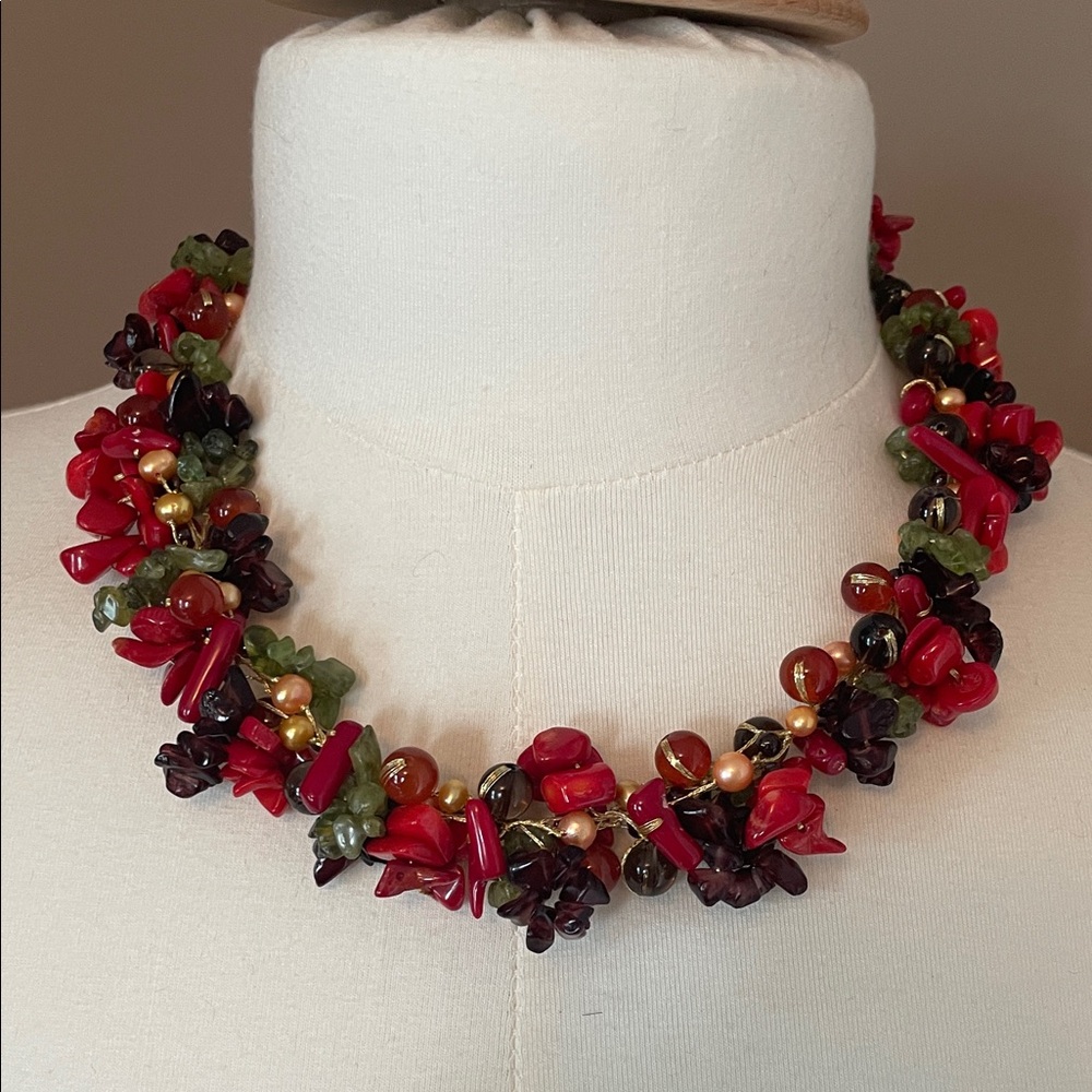 Multicolor Cluster Bead Statement Necklace - Red,… - image 1